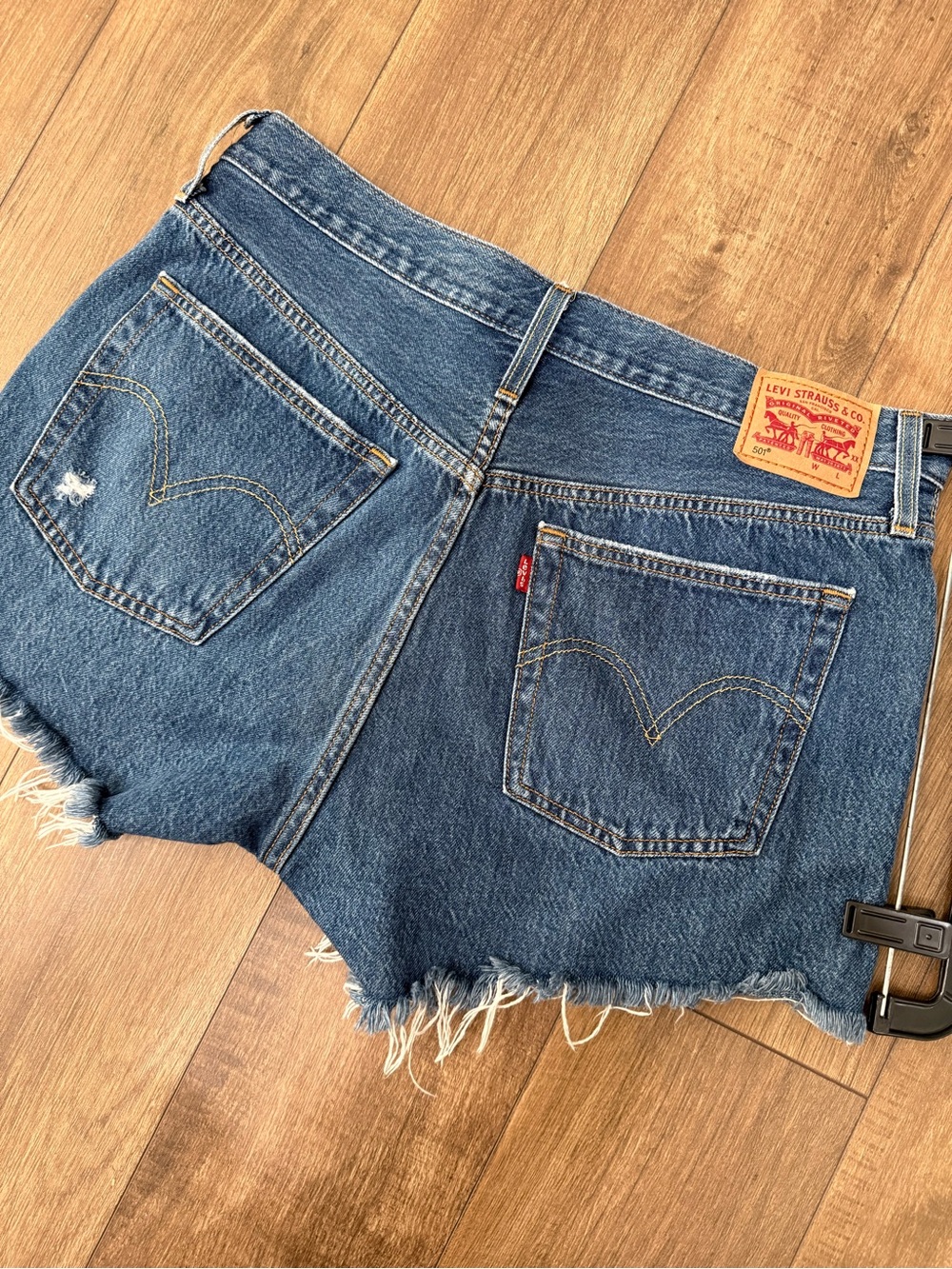 Levi's Dark Blue Distressed Denim Cutoff Shorts - Picture 2 of 5